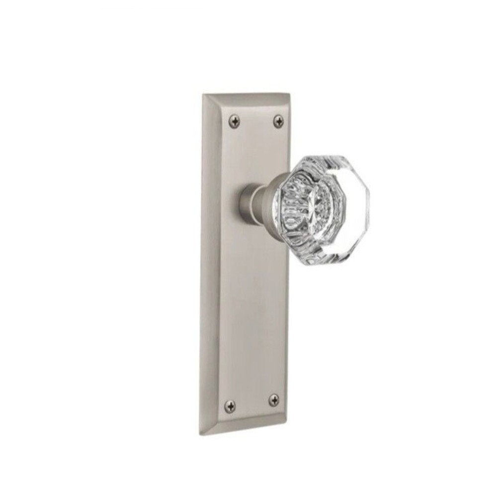 Nostalgic Warehouse NewYork Long Plate Waldorf Crystal Knob Satin Nickel Privacy
